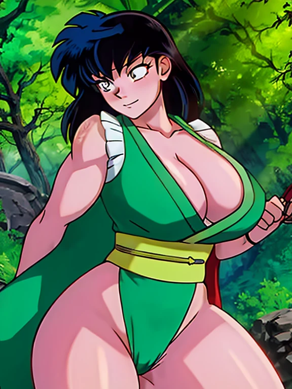 masterpiece, best quality, Kagome Higurashi, 25 years old, matured face, beautiful detailed eyes, ultra detailed eyes, extremely detailed face, large breasts, cleavage, very busty, big hips, strong muscles, athletic physique, She stands tall while wearing a short green kimono. she's looking directly at the camera with an confident smirk. Her gaze is both alluring and fierce as she is in a fighting stance. cowboy shot, Perfect Anatomy,(Professional Lighting), 4k textures, epic artistic, sharp focus, even lighting, insane details, intricate details, hyperdetailed, rich colors, BREAK Outdoors, forest, Japanese architecture in the background

