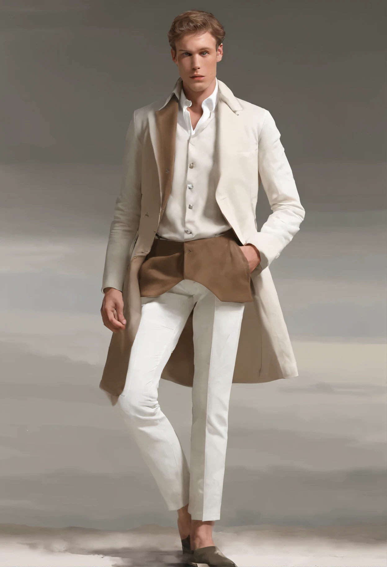 White man with brown short hair. His physique is vigorous, It should be large. Er befindet sich in der Stadt. open shirt, regency era