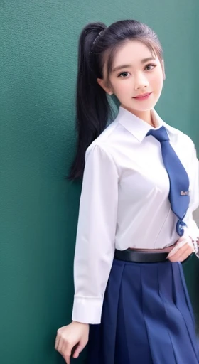 Thai girl, ponytail, convent, white shirt, long sleeves, loose necktie, navy blue long skirt, black belt, look at viewer,