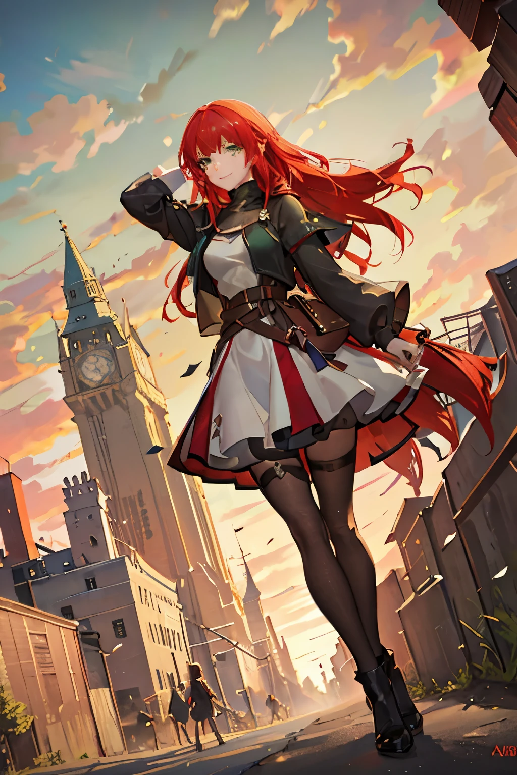 8k wallpaper, masterpiece, movie lighting, medieval setting, Beautiful female rogue with red hair and greenish eyes walking on a winding road with a smile on her face, sunrise with clear skies background