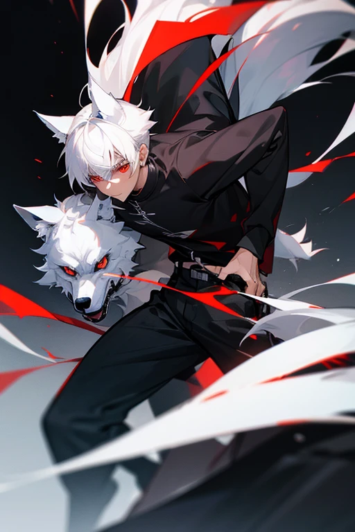 Man, wolf cut style hair, white hair, red eyes, wearing black casual clothes, black trousers, natural background