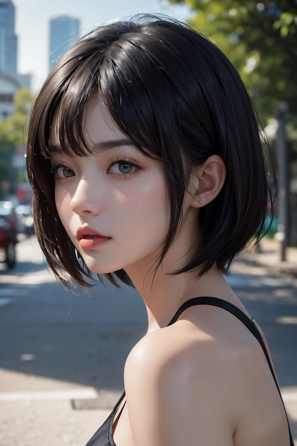 (Masseter muscle area:1.3)、(8k、Photorealistic、Raw photo、highest quality: 1.4)、(One girl)、Beautiful Face、(A vivid face)、(Black-haired、short hair:1.3)、Beautiful hairstyle、Realistic eyes、Beautiful details、(real skin)、Beautiful skins、(Swimwear)、Absurd、attractive、超A high resolution、Surreal、High definition、Golden Ratio、Medium chest、Beautiful breasts