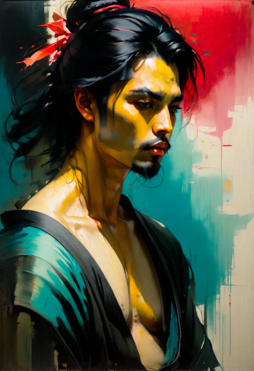 malcolm liepke painting on sensual illustration of an elegant samurai, riot games concept art beauty, eerie, the model draped in flowing, thick oil painting, extremely soft colors, vibrant, highly detailed, , oil on linen, high contrast, dramatic, refined, tonal, Create high contrast between light and shadow