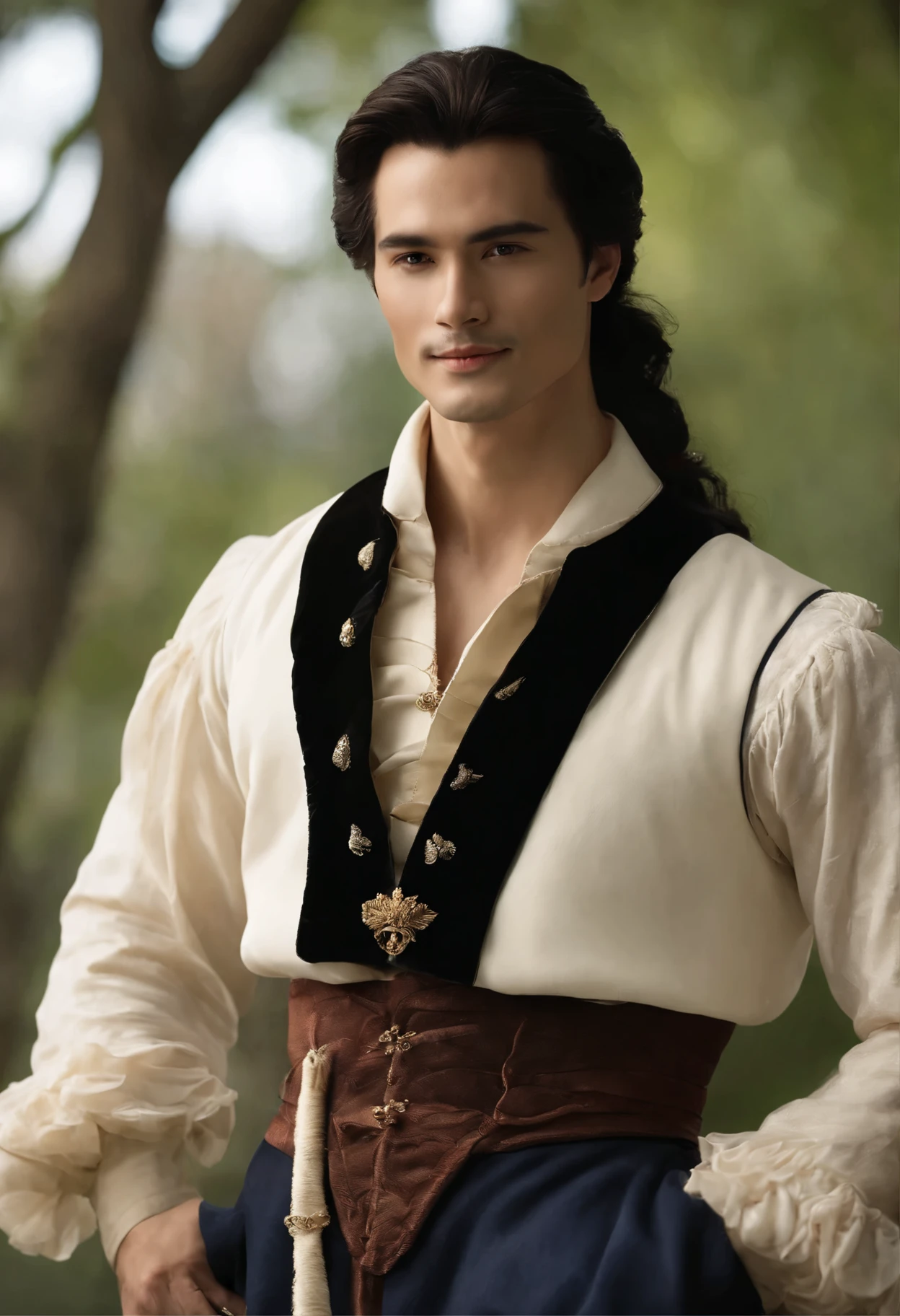 Handsome Renaissance nobleman. In photograph style. Realistic. Masterpiece. Renaissance fashion is characterized by dressy and elegant design。Ruffles and laces、2. **hairstyle on**: Men's hairstyles in the Victorian era are often short and neat with longer hair tied up in a pony tale。3. **Features**: Man's facial features with elegant features、Handsome、vulpine、Sly, welcoming, smiling, vulpine grin, friendly. Clothes, Dublet, blue and black. Long Black Hair. Ponytail. Wears a golden broach. The broach is in the form of a bird.