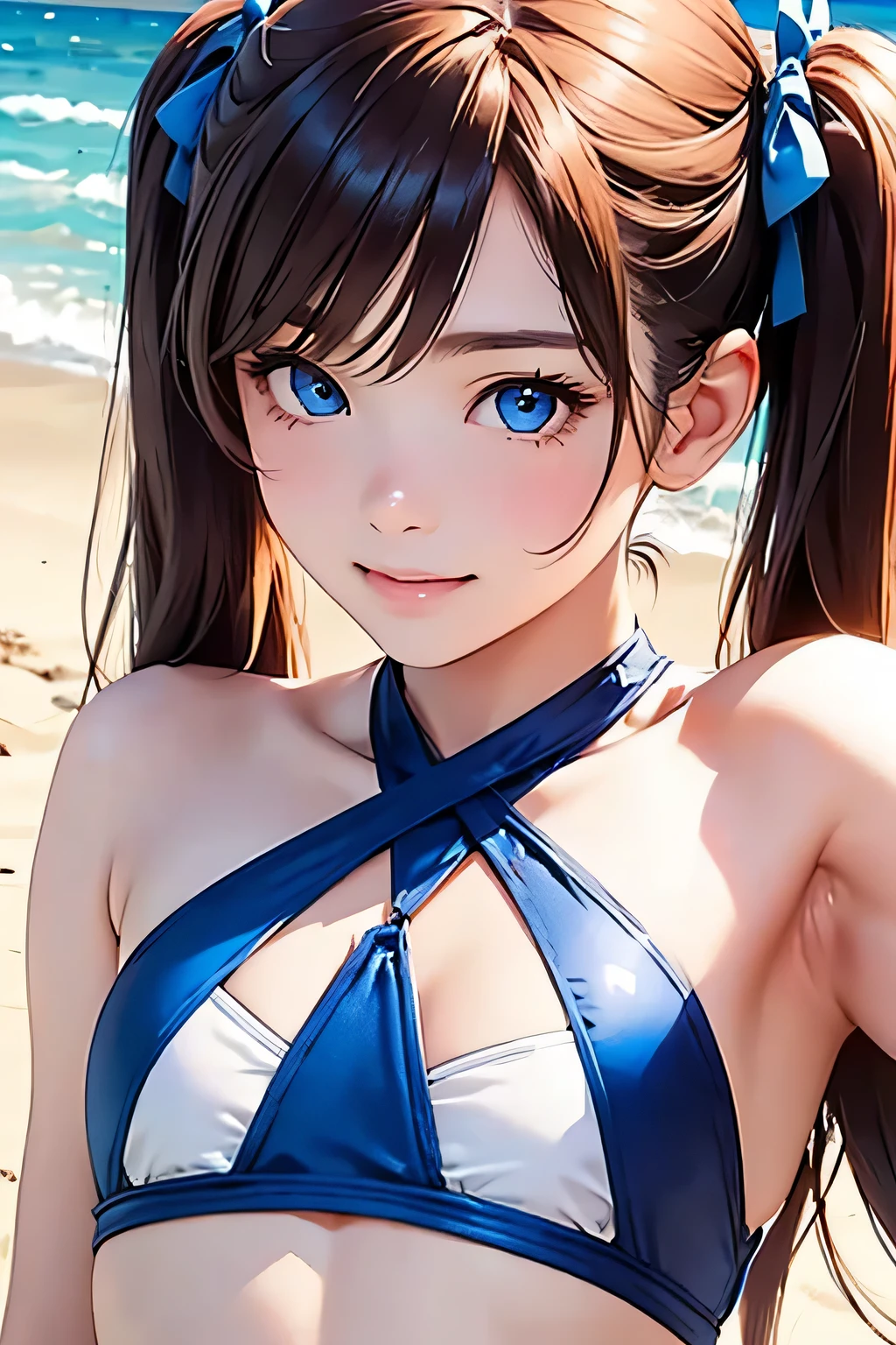 highest quality、Realistic、Women、Japanese、zoom、look up、cute、smile、Ocean、Cobalt Blue Eyes、Chestnut Hair、Twin tails、Swimwear、Face close-up、slender、Small breasts