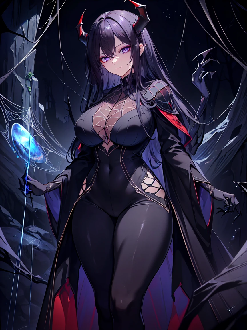 (Uhd, Masterpiece, Textured Skin, Super Detail, High Details, High Quality, Best Quality), Detailed Face, 1woman, mature pretty woman, ((wide hips, thick thighs)), ((Long Dark Blue eyes hair)), ((Black Sexy Rpg dress), (Pants), (Spider, Web, Silk), Thin Horns, (standing, inside a dark cave full of cobwebs), (Sharp claws)