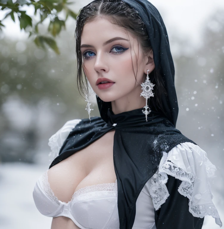 1 miniature Beautiful beautiful woman - Yuan Sayuki, ((top quality, 8K, Masterpiece:1.retty woman, 1 woman, huge breasts:1.3, a slim body:1.1, lush white short hair, (shower, wet body, wet clothes:1.1), very detailed face, detailed lips, detailed eyes, double eyelids, Detailed blue eyes, чрезвычайно Detailed Outstanding Blue Eyes, short white wet hair, white wet hair, Detailed Outstanding Blue Eyes, innocent look at the viewer, very wet wavy white hair, Detailed Outstanding Blue Eyes, huge cross earrings, Outdoors, badges behind, gothic maid uniform, sexy maid dress, bare chest, huge chest tattoo, detailed huge catholic cross earrings, chest tattoo, Outside, wear a silver cross (Detailed cross shape), reality mode, wet breasts, black necklace, human crowd behind, head/forehead chain veil, black latex gloves, hair of white snowy colour, night time, red neon lights, demonic nun, nimbus (golden lighting ring above her head), angel, snowy weather, sexy pose, white lingerie, black maid dress, flower wreath