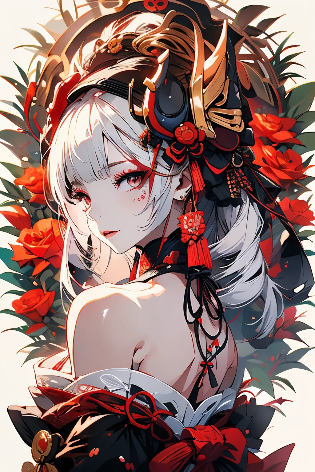 1 girl, a feast, Hannya mask