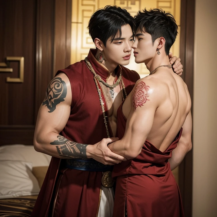 ( safe for work),Two handsome boys kissing, smiling at each other,hugging, kissing, touching lips, cuddle, romantic,skin ship, Chinese Men God, Mythology, realistic, Chinese odyssy, super Handsome,manly, kpop idol, handsome korean actor, 20 years old,, detailed face, manly jawline, detailed mess curly styling hair, Topless, Muscles, big breast Athlete body, Full Frame,full body shoots, realistic, human skin, tattoo breast, Professional studio Lighting, long red tibet wedding Outfit, jade and golden pendent all over , detailed jewery in dress, earings,Chinese ancient wedding Background,out door, super detailed background,look at camera , open mouth, thin Underneathe Underwear, tibet Warrior, Hanfu red wedding dress, tibet Male, tibet Nobel, Seduce , bare chest , tattoo chest, tattoo arms, tattoo hands, tattoo back, tattoo legs , tattoo belly, big juicy butts,