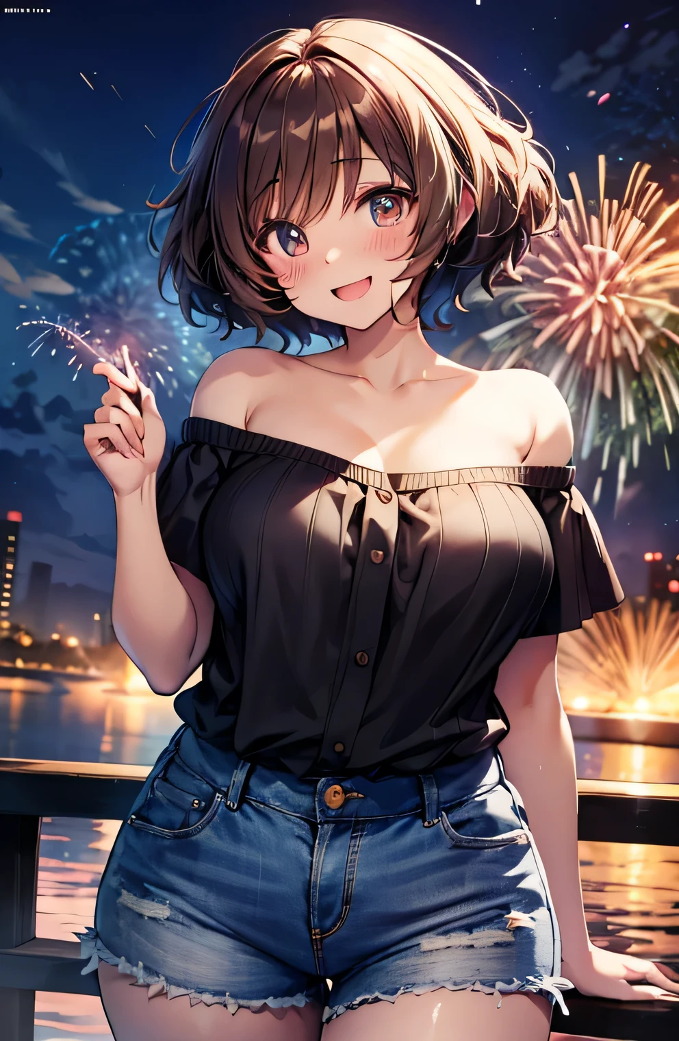 Anime illustration、highest quality、A short and plump high school girl、Off-the-shoulder shirt、hot pants、Fireworks display、Perfect proportions、overwhelmingly big breasts、Beautiful, shining eyes、Cowboy Shot、Blushed、smile