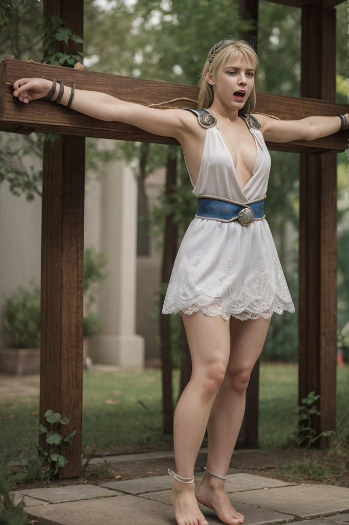 True Face, blonde, Face of Suffering, masterpiece, Beauty, highest quality, High resolution, Super beautiful, Beautiful Skin, reality, High resolution, Very detailed, Beautiful and detailed, Very detailed, 20-year-old, White Dress, Full body image, torture, look of pain, Full body photo, Clear photos, sophitia, Bondage,Reluctant, Screaming, barefoot,Crucifixion