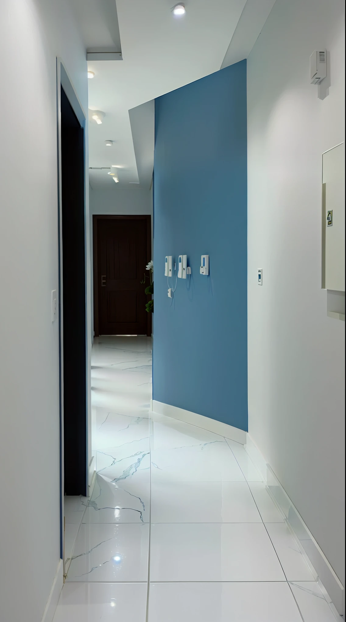 there is a hallway with a blue wall and a white floor, apartment hallway, narrow hallway, blue walls, hallway, hallway landscape, corridor, flat 2 d, modern look, white marble walls, blue and white colour scheme, greek white marble, long hall way, mirror hallways, long hallway, blue colour scheme, marble walls, hallways, apartment design