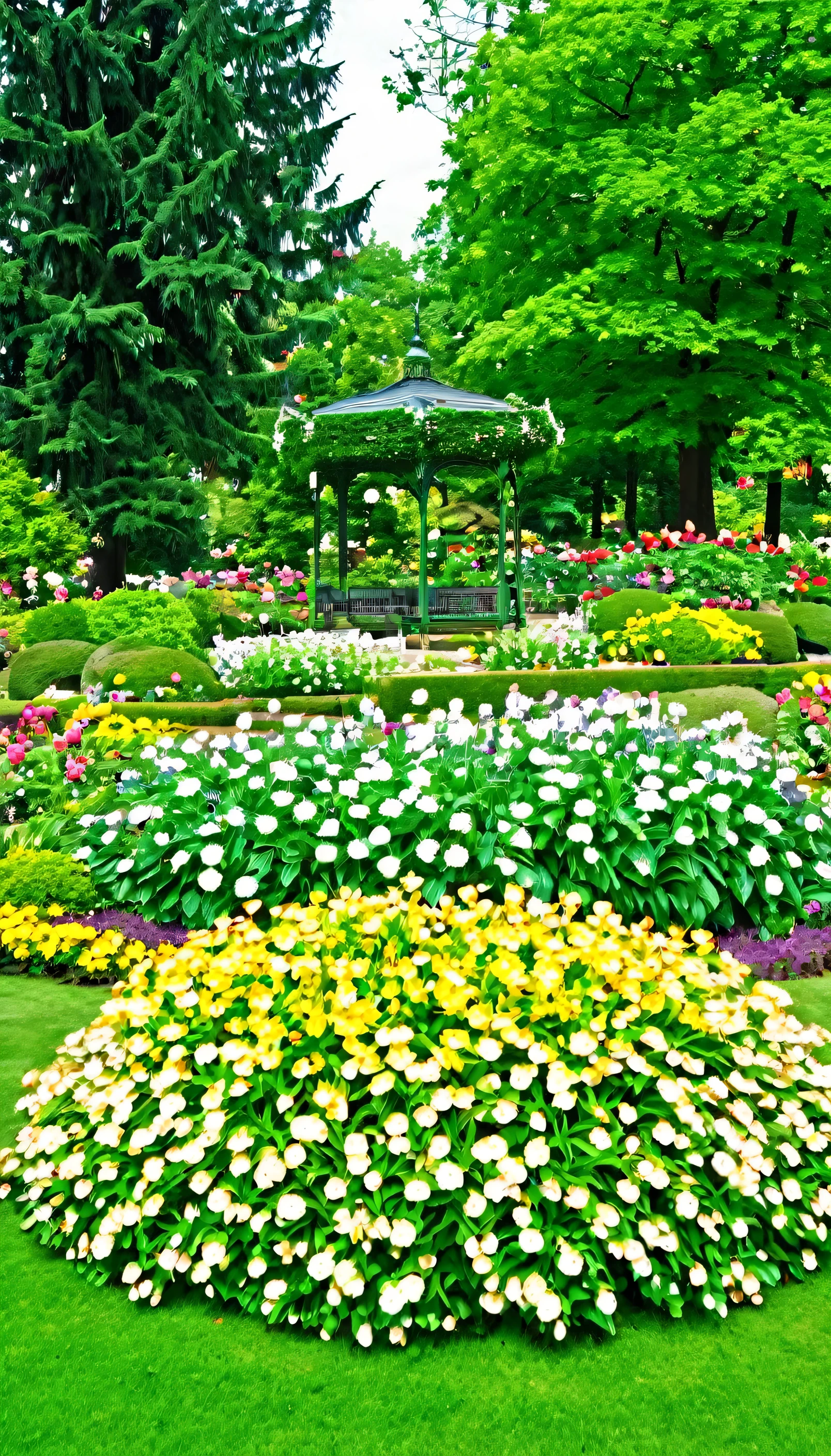 beautiful public garden with lots of flowers, plants, add many detaisl