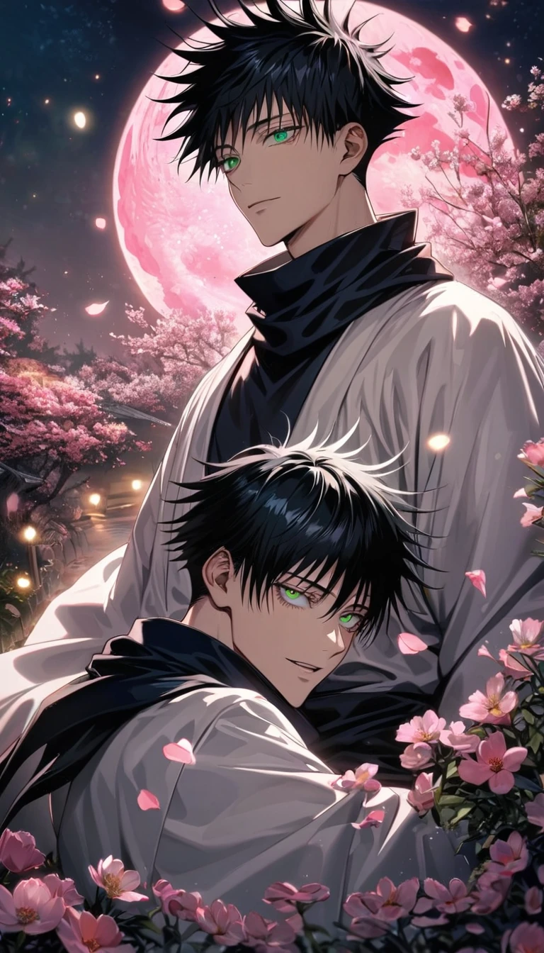 Ultra detailed, highres, absurdres, HDR, Fushiguro Megumi, black hair, green eyes, Gojou Satoru, white hair with bangs, blue eyes, white eyelashes, Jujutsu Kaisen, pink flowers, petals, fireflies, pink moon, 2 sexy men together, gay couple, handsome, very detailed face and eyes, black scarf, white haori with patterns, love, happy,