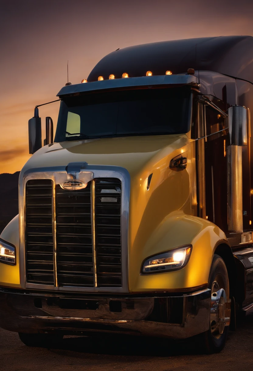 1truck, trailer head truck damaged paint, brown paint damaged, mirror glass broken, front chain, at night background, zoom out buildings yellow lights,