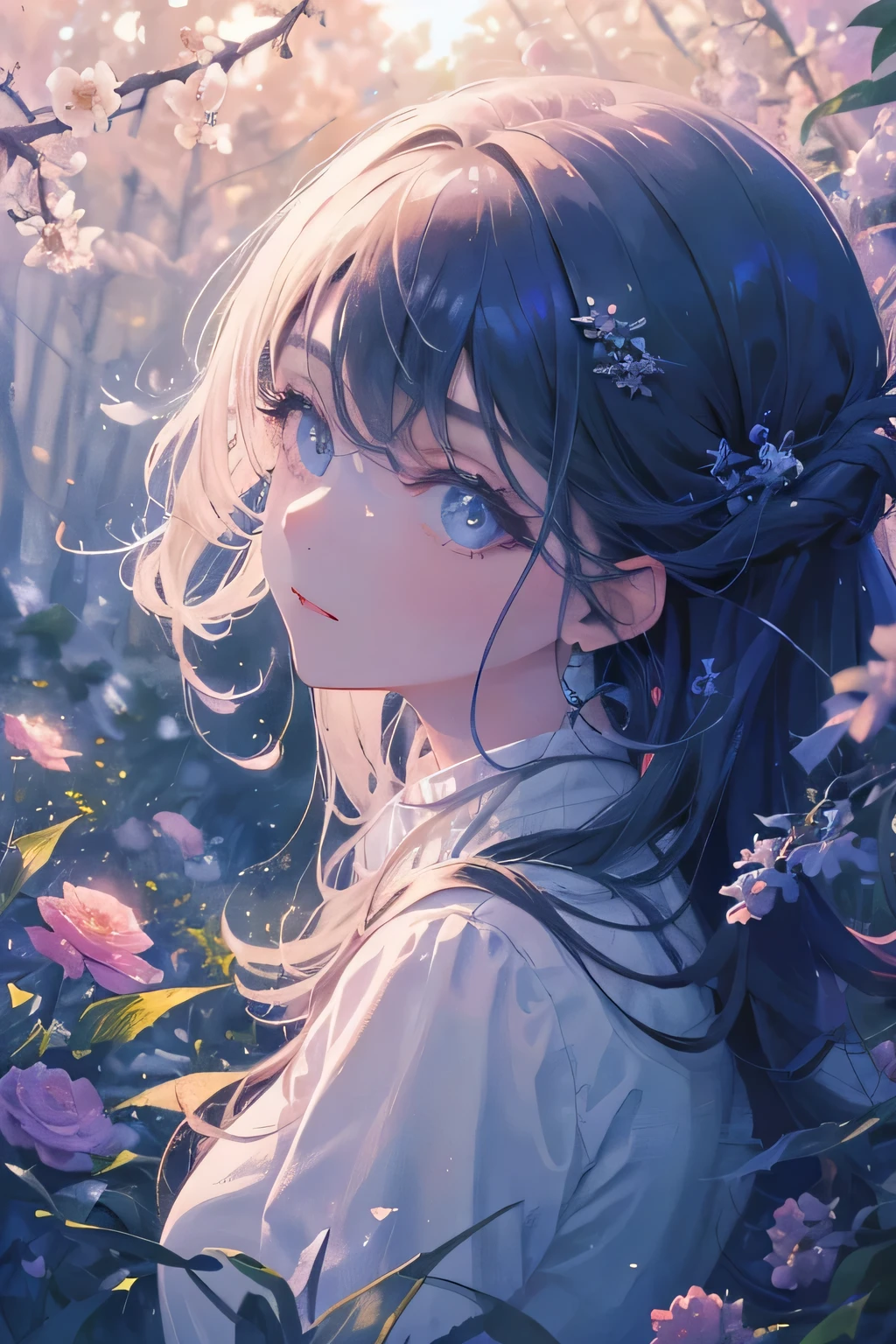 (masterpiece、8K、top-quality)、(Soft light:1.5), Full body, Detailed face, Detailed eyes, beautiful digital works of art, landscape, Back Light, Many flowers, forest, Sparkling eyes, Winters, Warm, Warm light, Iridescent gradient colors, watercolor paiting