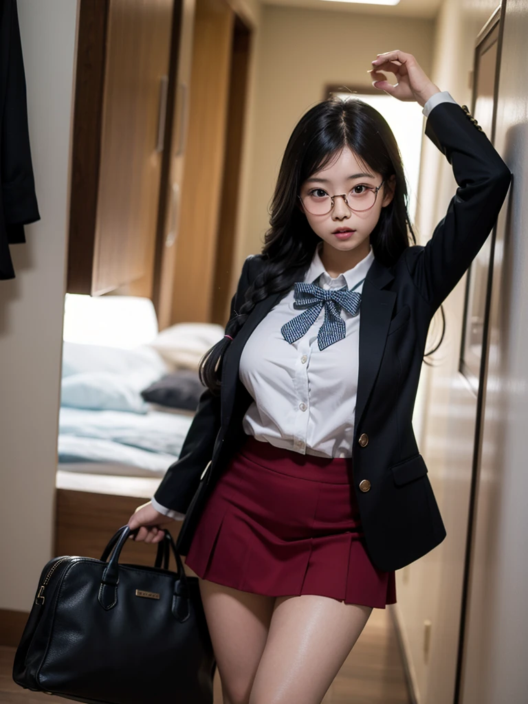 Master quality, highest quality, Best image quality, Exaggerated details, Cute 8 year old Asian boy with embarrassed expression, I narrowed my eyes a little., Style your hair, Long eyelashes (Long Hair / very, very exaggerated big breasts ), In the hallway, Strike a pose for the camera,Blazer uniform,Young face,Braid,Tight Skirt,Beautiful legs,whole body,Glasses