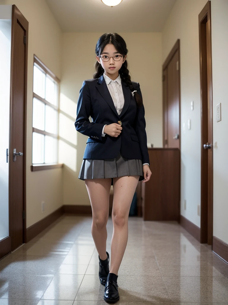 Master quality, highest quality, Best image quality, Exaggerated details, Cute 8  Asian boy with embarrassed expression, I narrowed my eyes a little., Style your hair, Long eyelashes (Long Hair / very, very exaggerated big breasts ), In the hallway, Strike a pose for the camera,Blazer uniform,Young face,Braid,Tight Skirt,Beautiful legs,whole body,Glasses