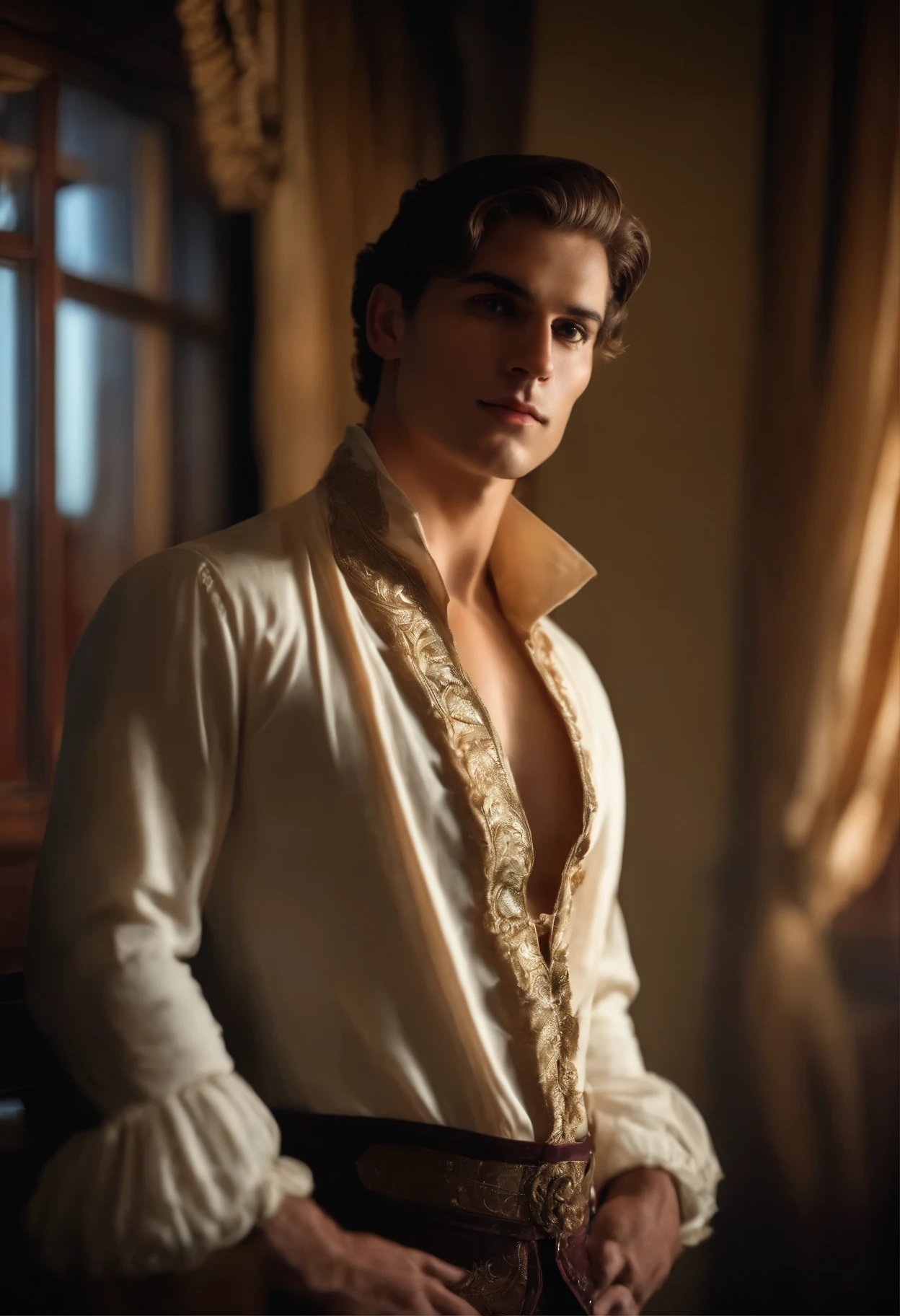sporty, A handsome 15th century count awaits in the bedroom with a romantic atmosphere, exposed, groin covered with silk sheet, enticing, erotic, wants sex