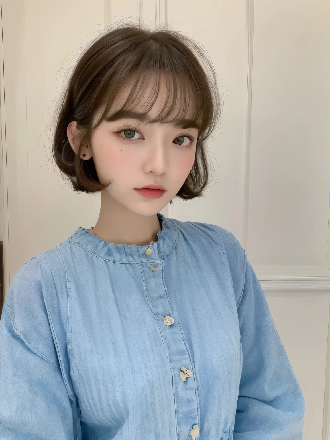 ((highest quality, 8k, masterpiece :1.3)), Tabletop、One girl, (Random Hairstyles :1.2), Spring Clothes :1.2, Highly detailed face, Fine grain, double eyelid,In front of the white door、Bob Hair、Short Hair、
