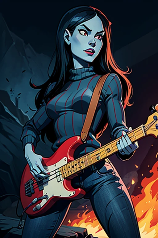 (masterpiece, ultra detailed) ((Marceline)), (adventure time character), ((black eyes)), (playing an axe bass), ((blue skin)), (vampire teeth), ((wearing a red and black striped sweater)), ((wearing pants))
