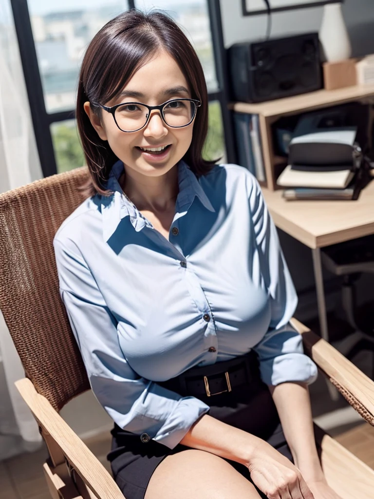 (Two 50 year old mature women:1.5)、Japanese women、sexy,Fine skin、Star Piece、Beautiful breasts High quality、Perfect Sentence、so beautiful、High resolution face、Light makeup、Beautiful ass high quality、Glowing Beautiful Skin、Glowing Beautiful Skin step piece、Transparent beauty、Realistic、smile、Looking at the camera、Whitening skin、maStar Piece、Wavy Hair、Girlfriend、A tight-fitting shirt with a collar and buttons、Tight mini skirt、Large Breasts、Wrinkles around the eyes、Thin and beautiful legs、Slender、Sitting in a chair in the office、Glasses