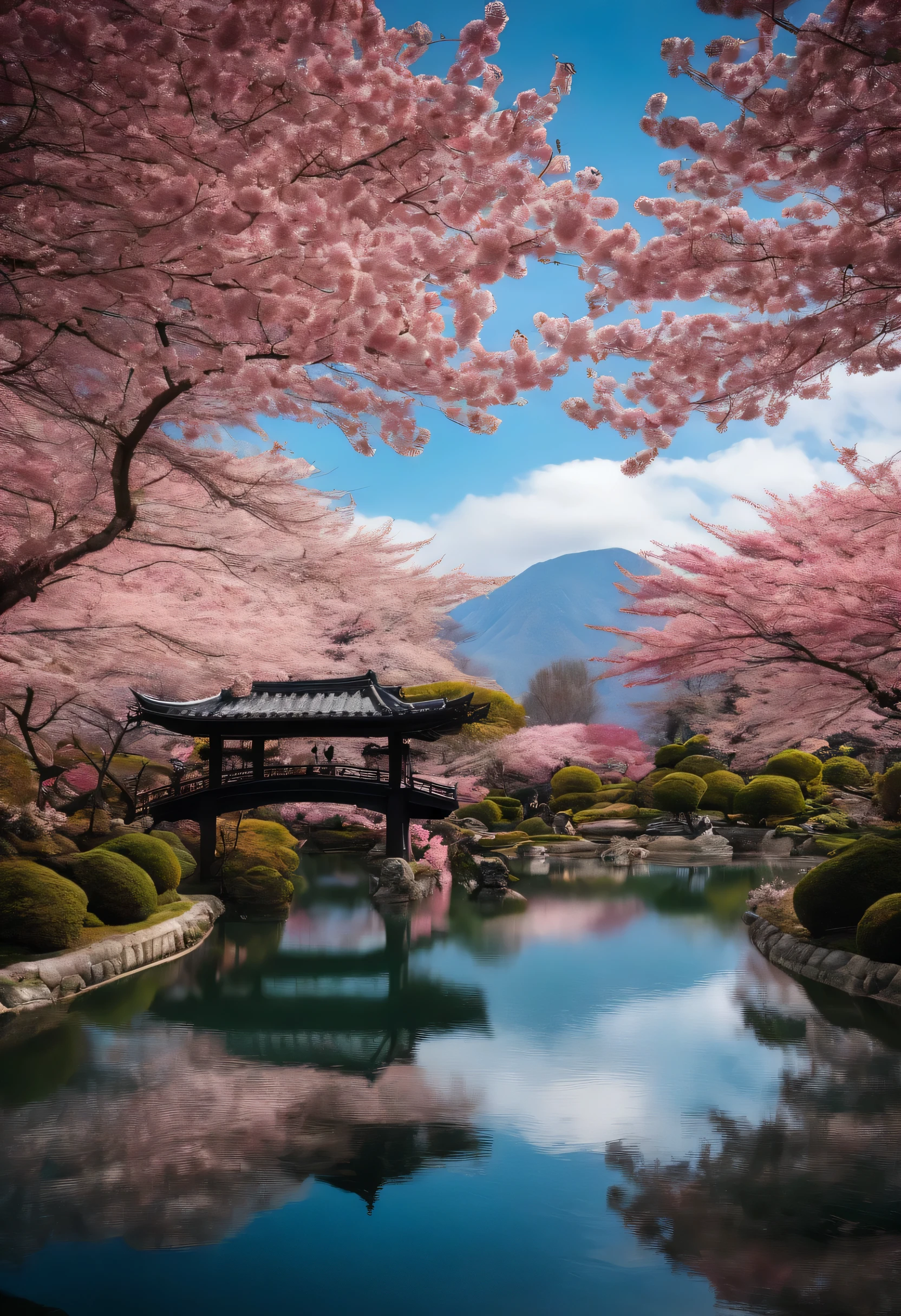 Cinematic,Fantasy,Japanese garden,Cherry blossom trees,highest quality