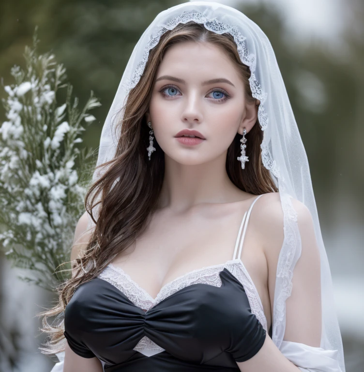 1 miniature Beautiful beautiful woman - Yuan Sayuki, ((top quality, 8K, Masterpiece:1.retty woman, 1 woman, huge breasts:1.3, a slim body:1.1, lush GINGER short hair, (shower, wet body, wet clothes:1.1), very detailed face, detailed lips, detailed eyes, double eyelids, Detailed blue eyes, чрезвычайно Detailed Outstanding Blue Eyes, short GINGER wet hair, GINGER wet hair, Detailed Outstanding Blue Eyes, innocent look at the viewer, very wet wavy white hair, Detailed Outstanding Blue Eyes, huge cross earrings, Outdoors, badges behind, gothic maid uniform, sexy maid dress, bare chest, huge chest tattoo, detailed huge catholic cross earrings, chest tattoo, Outside, wear a silver cross (Detailed cross shape), reality mode, wet breasts, black necklace, human crowd behind, head/forehead chain veil, black latex gloves, hair of white snowy colour, night time, red neon lights, demonic nun, nimbus (golden lighting ring above her head), angel, snowy weather, sexy pose, white lingerie, black maid dress, flower wreath