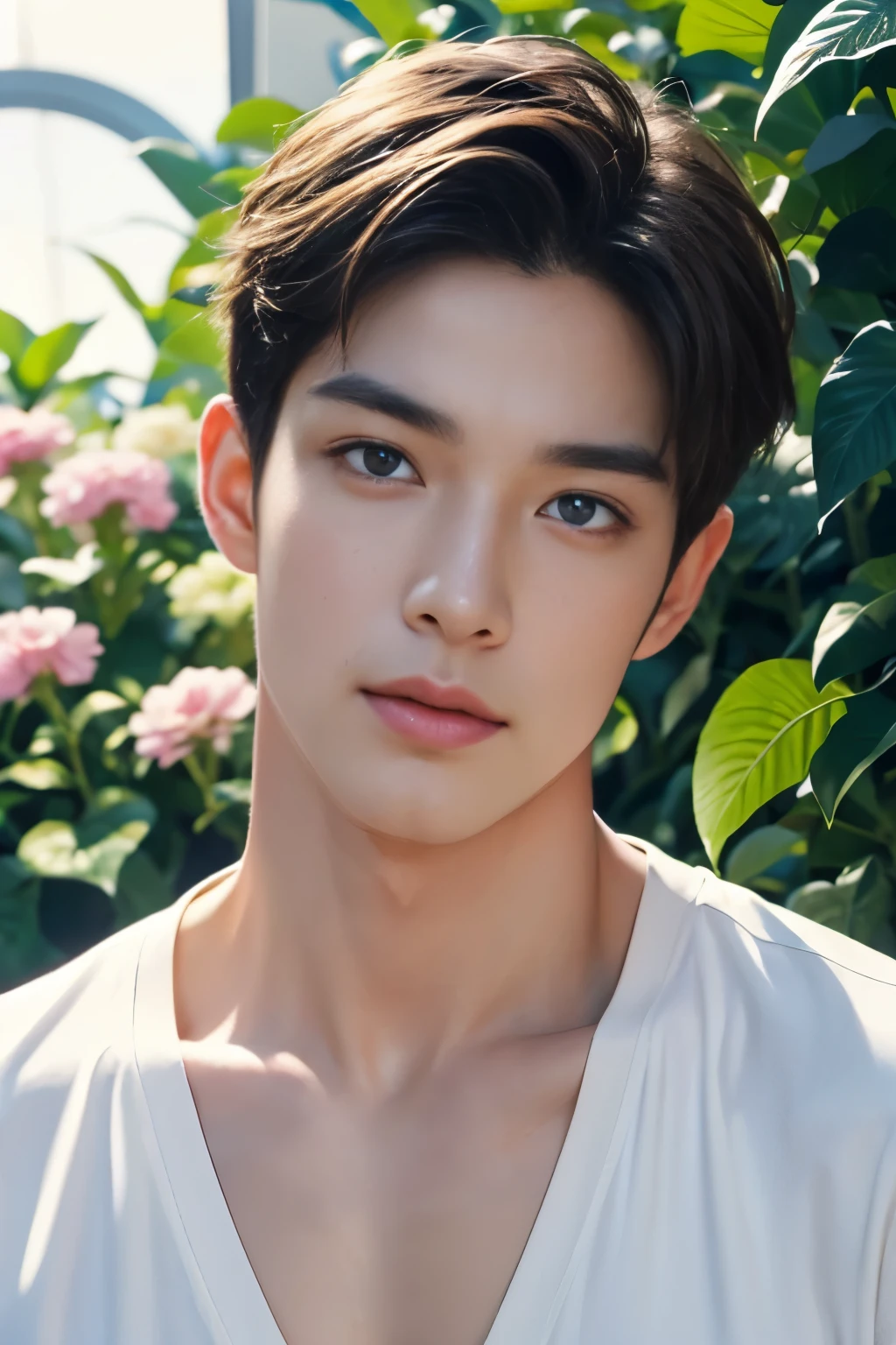 masterpiece, Best quality, realistic、Charming guy、Portrait of a handsome guy、1 guy, Blue eyes、Beautiful detailed eyes、sparkling eyes、flawless face、Perfect eyes,Perfect lips、flawless skin、Beautiful nose、beautiful mouth、short haircut, shaky soft blonde hair, brunette, short hair , flowers in hands , In the flower greenhouse, Portraiture、professional artwork、фотоrealistic、Elegant face、Flawless anatomy、shirtless. naked torso,ideal male body、male model ! Ultra realistic painting、fantastic male beauty !