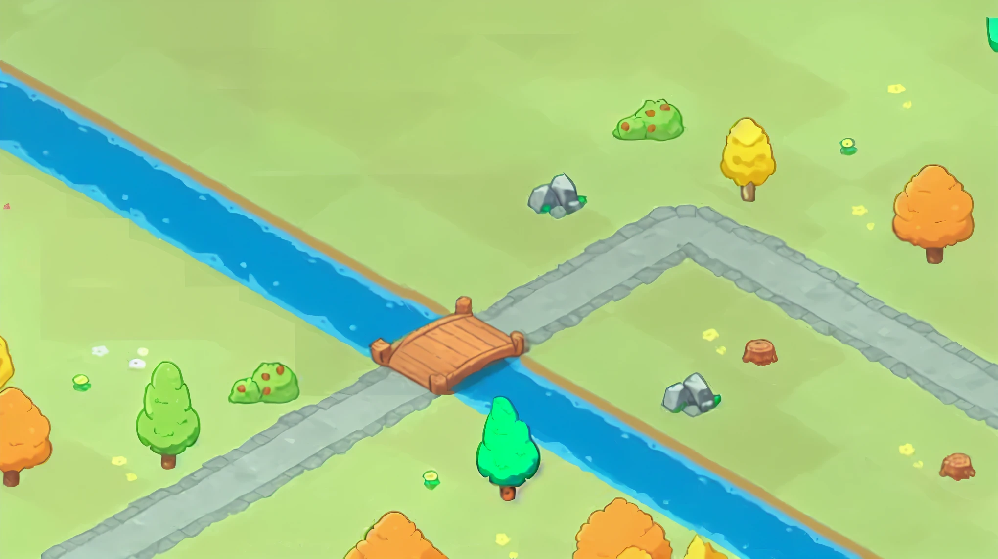 Close up of a cartoon map with a bridge and trees, Isometric 2D game art, Isometric game, Creek, Kibashi, Isometric map, Isometric game asset, Isometric game art, Park Background, 2d game background, River in the background, 2D Game Environment Design, Bridges over water, 2d game assets，detail，Filling the gap，Ultra-clear