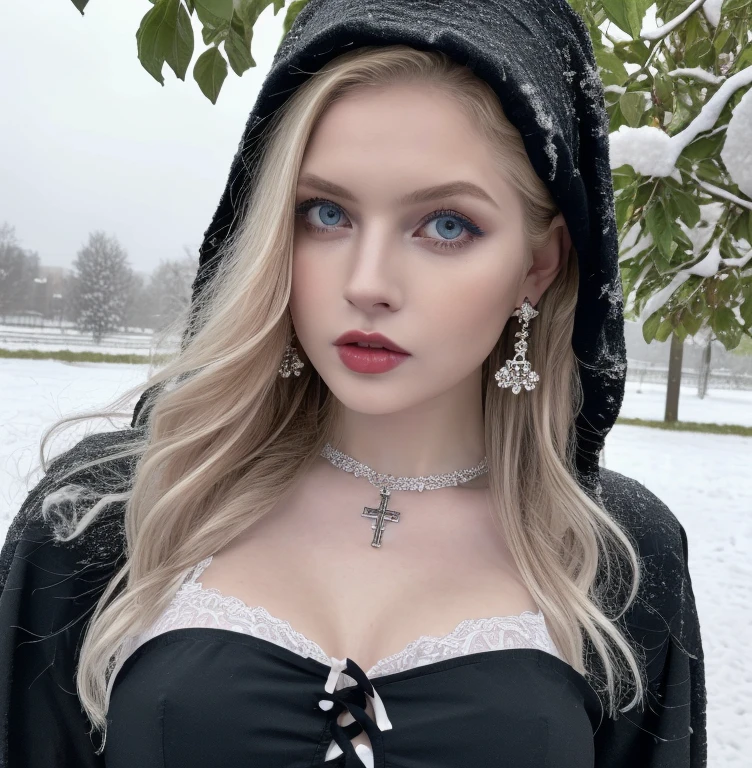 1 miniature Beautiful beautiful woman - Yuan Sayuki, ((top quality, 8K, Masterpiece:1.retty woman, 1 woman, huge breasts:1.3, a slim body:1.1, lush white short hair, (shower, wet body, wet clothes:1.1), very detailed face, detailed lips, detailed eyes, double eyelids, Detailed blue eyes, чрезвычайно Detailed Outstanding Blue Eyes, short white wet hair, white wet hair, Detailed Outstanding Blue Eyes, innocent look at the viewer, very wet wavy white hair, Detailed Outstanding Blue Eyes, huge cross earrings, Outdoors, badges behind, gothic wedding uniform, sexy gothic style wedding dress with veil, bare chest, huge chest tattoo wearing a wreath, detailed huge catholic cross earrings, chest tattoo, Outside - there are trees and a buddhist temple in the background (mountain vicinity), wear a silver cross (Detailed cross shape), reality mode, wet breasts, black necklace, black wedding dress and black veil, human crowd behind, head/forehead chain veil, black latex gloves, naked breasts, naked breasts, naked nipples, hair of white snowy colour, night time, red neon lights, demonic nun, nimbus (golden lighting ring above her head), angel, snowy weather, Detailed buddhist temple behind