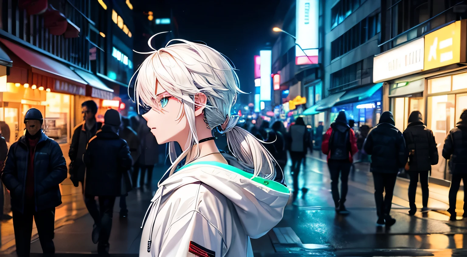 male profile night bustling street hoodie White Neon Light Perfect facial expression Perfect hair description