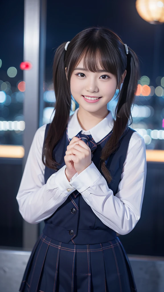 (highest quality,masterpiece:1.3,Ultra-high resolution),(Very detailed,8K),(Realistic:1.4,RAW shooting)。Blurred Background、Looking at the audience、smile、young woman、uniform、Twin tails、City of night。Night view。