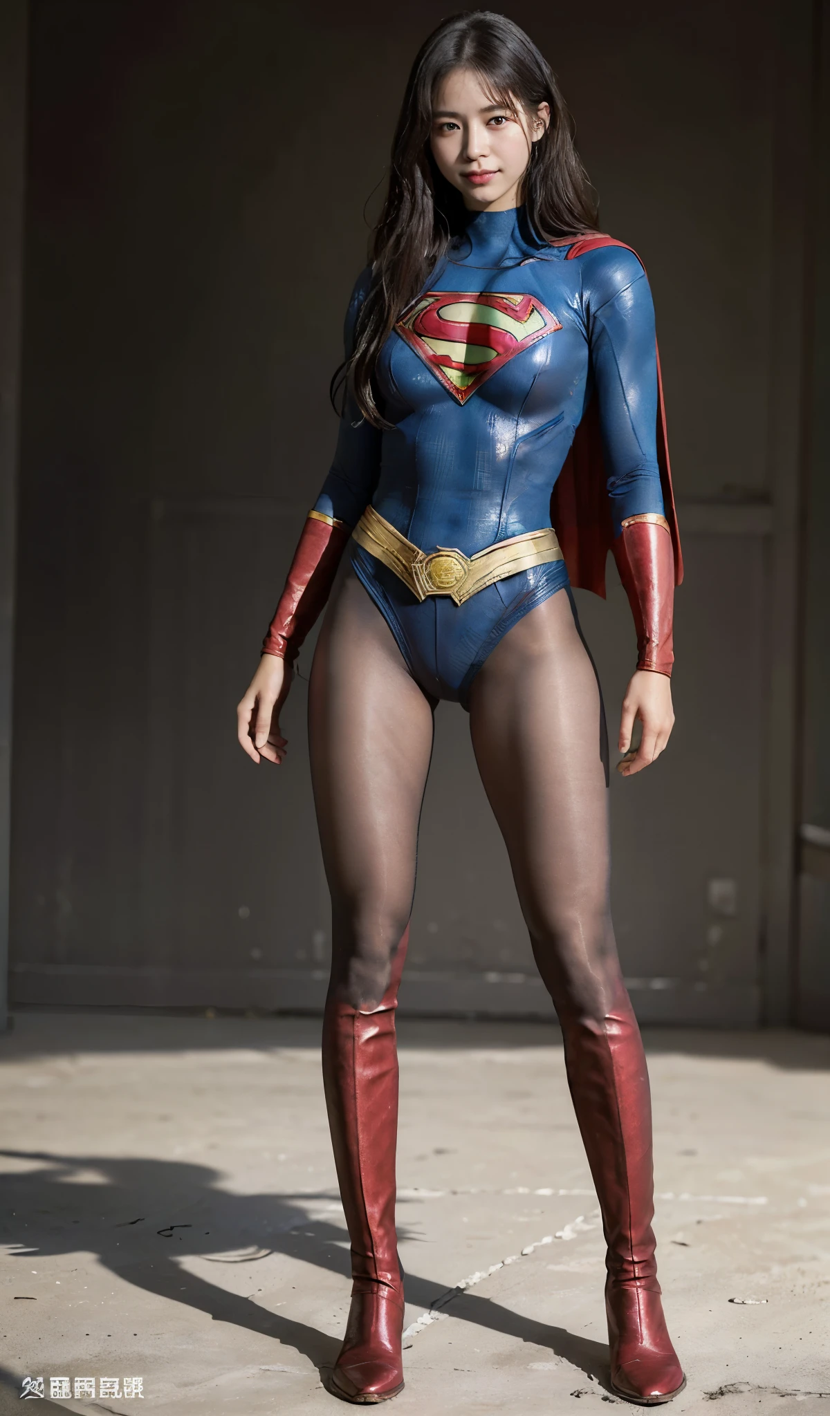 No background、(((Beautiful legs in black tights.)))、(((Legally express the beauty of your smile)))、((((Make the most of your original images)))、(((Supergirl Costume)))、(((Beautiful Hair)))、(((suffering)))、(((Please wear black tights....、Wear red boots)))、((Best image quality、8K))、((highest quality、8K、masterpiece:1.3))、(((Preserve background )))、Sharp focus:1.2、Beautiful woman with perfect figure:1.4、Thin abdominal muscles:1.2、Wet body:1.5、Highly detailed face and skin texture、8K