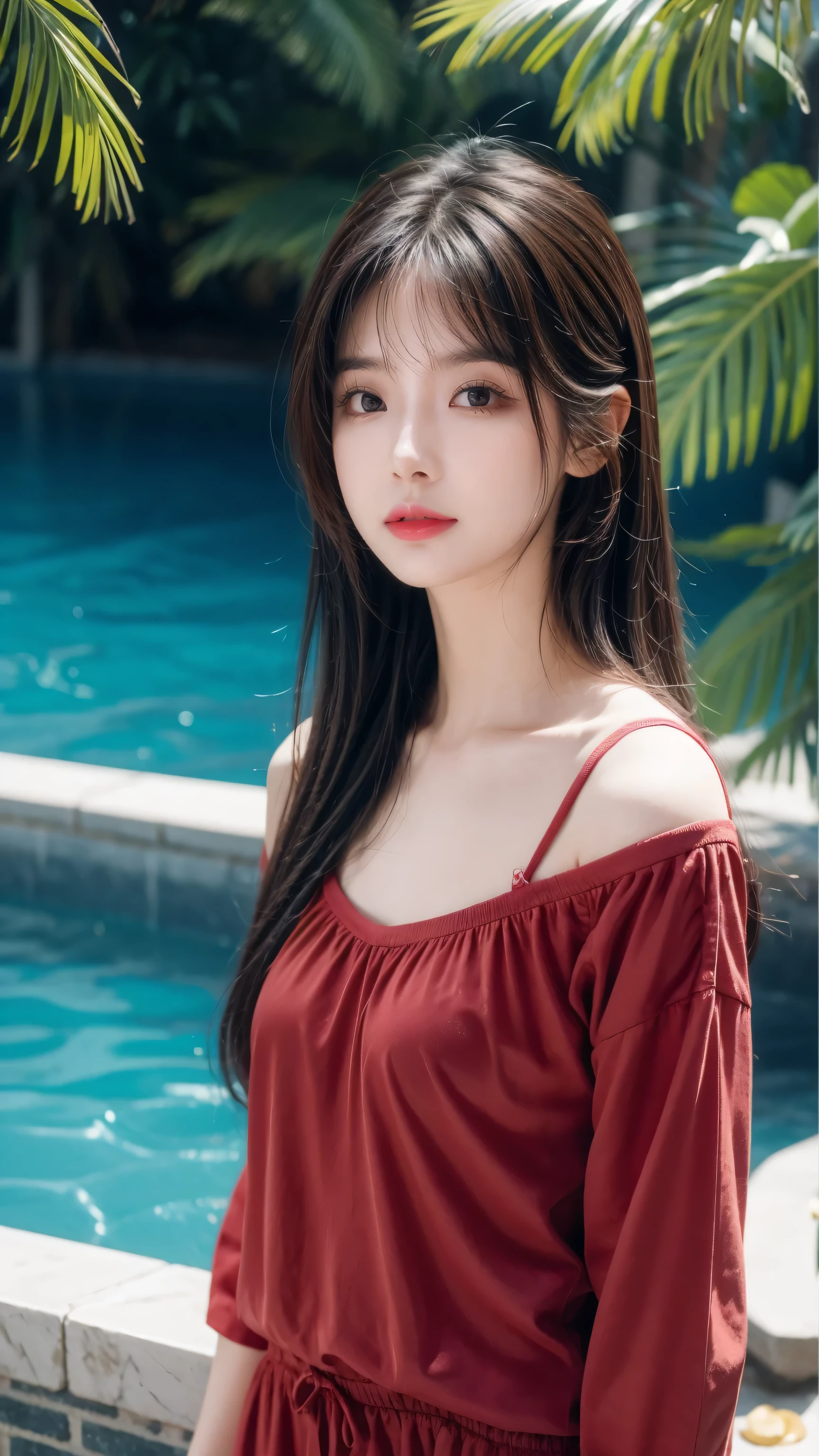 Samia, girl, Solitary, shirt, Watching you, Face, perfect, Flowers, high quality, shining, knight, devout, red shirt, Red Velvet, water, ocean, lotus