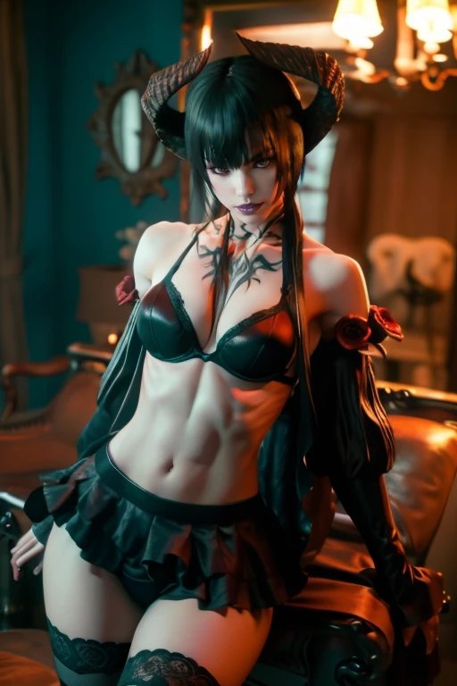 Eliza from Tekken, in a black bra with a blouse falling over her shoulders, sexy black panties, sensual look, on her back sticking out her butt in the living room of her house, soft orange light over the room at dusk