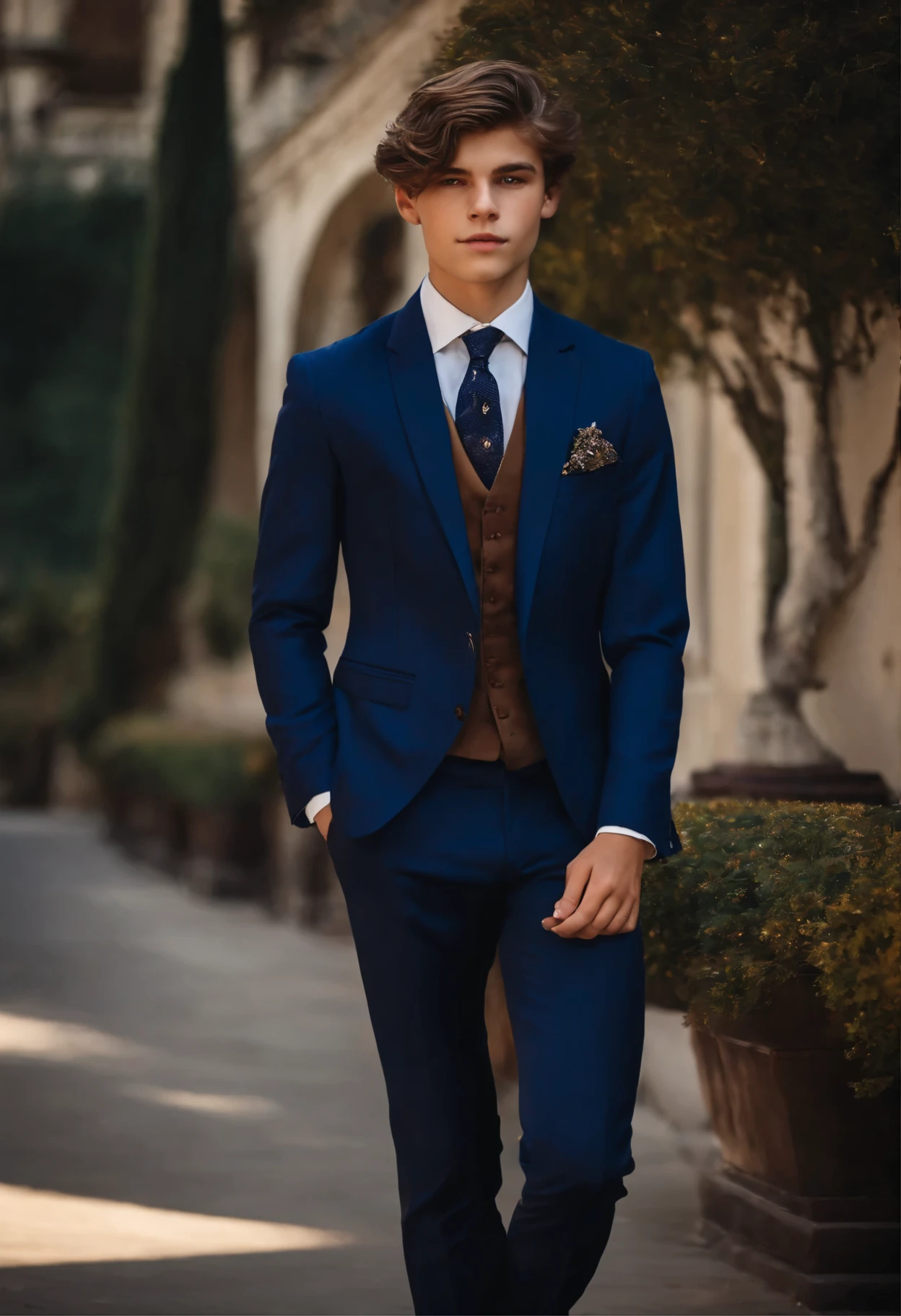 boy in a navy blue suit with flowy brown hair in a royal pose