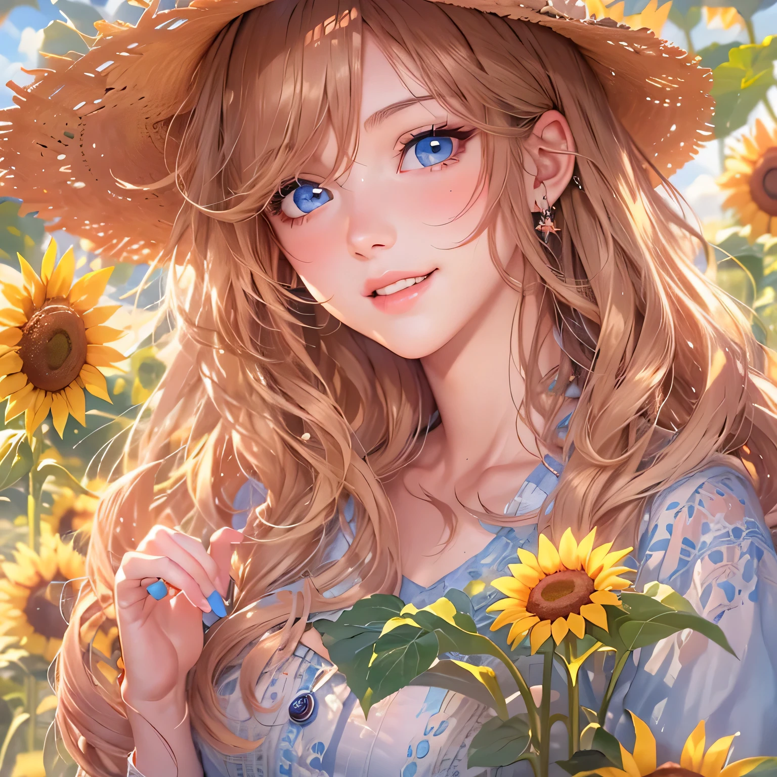 masterpiece、highest quality、High resolution、High-quality images、8k, 1 female、Skin Radiance、Texture of skin and clothing、Expression of fine eyes、shiny light brown hair,Girl with long braided hair, Manga inspired by Lee Jong-suk, Trending on deviantart, realism, detailed manga style, Manga art style, Perfect Line Drawing, Beautiful line art, digital manga art girl, K-POPアイドル, one piece,Large Breasts,Beautiful light blue eyes, Lips become thicker, Gorgeous face with attention to detail, (Cute Smile), charm, Innocent, Side view, (Perfectly detailed face), (Beautiful Hands) Photorealistic images, Written boundary depth, Princess Hairstyles, sunflower， Straw hat,one piece,wonderful flower garden，Beautiful sunflower，Romanticism,