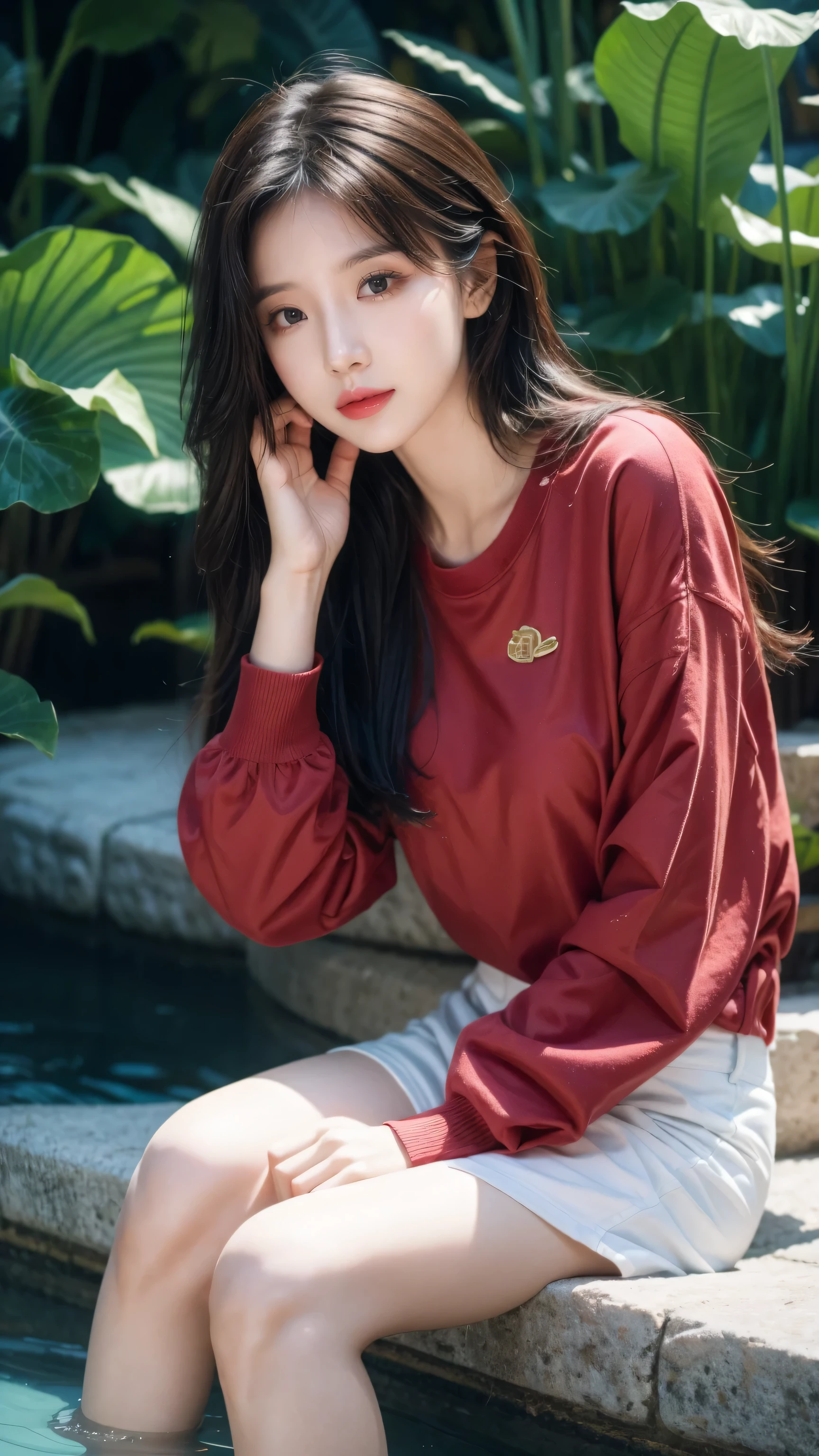 Samia, girl, Solitary, shirt, Watching you, Face, perfect, Flowers, high quality, shining, knight, devout, red shirt, Red Velvet, water, ocean, lotus