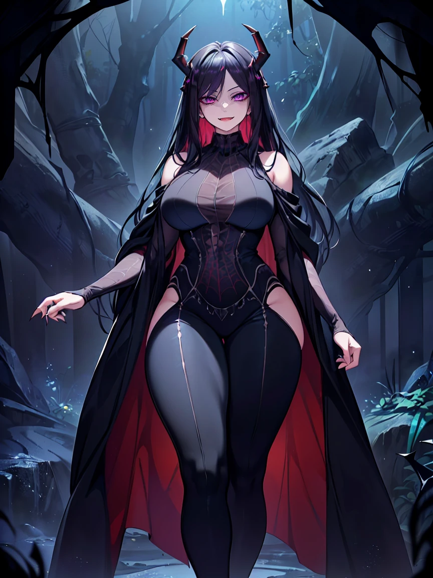 (Uhd, Masterpiece, Textured Skin, Super Detail, High Details, High Quality, Best Quality), Detailed Face, 1woman, mature pretty woman, ((wide hips, thick thighs)), ((Long Dark Blue eyes hair)), ((Black Sexy Rpg dress), (Pants), (Spider, Web, Silk), Thin Horns, (standing, inside a dark cave full of cobwebs), (Sharp claws)