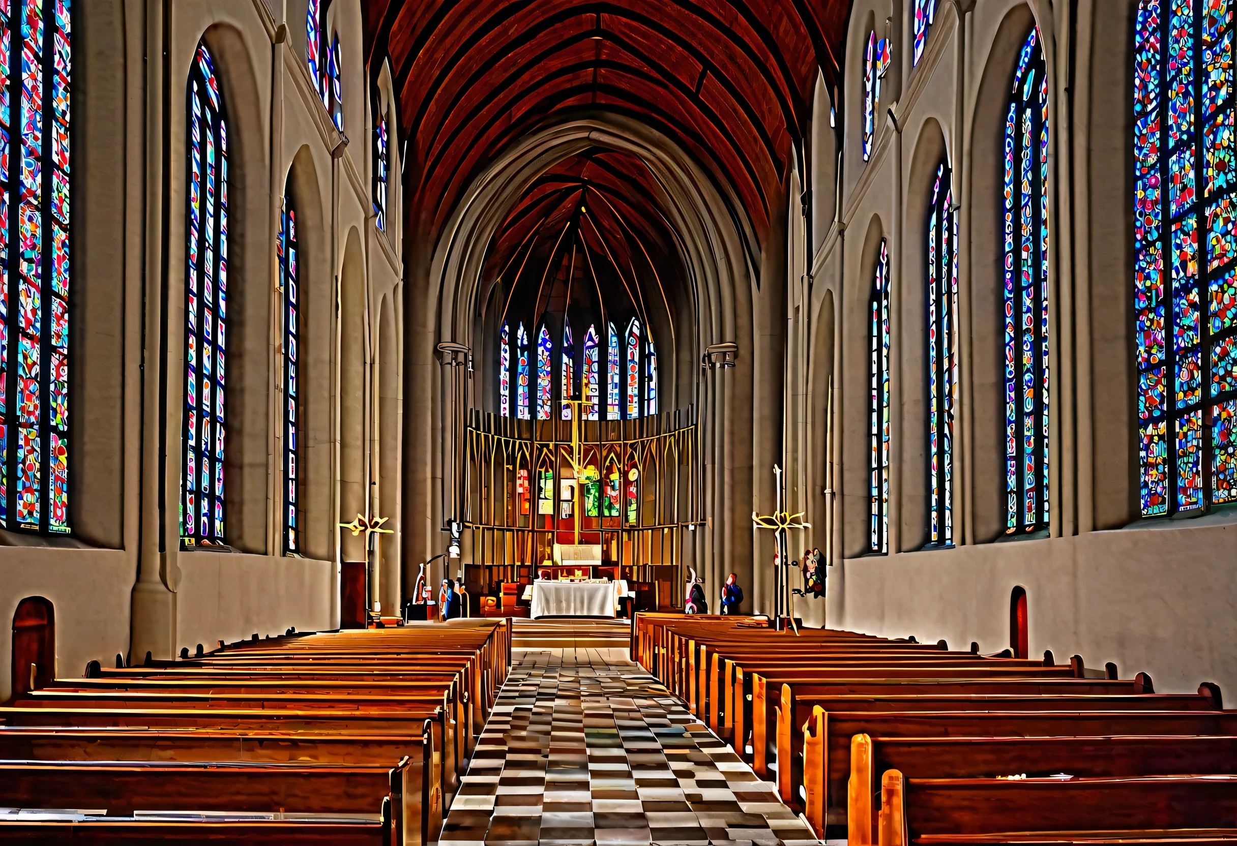 people sitting in pews in a church with stained glass windows, a picture by Jakob Gauermann, shutterstock, fine art, standing inside of a church, in a large cathedral, church interior, inside cathedral, in this church interior, in a sanctuary, standing in a church, wide image, scene from church, mary in a sanctuary, interior, in church