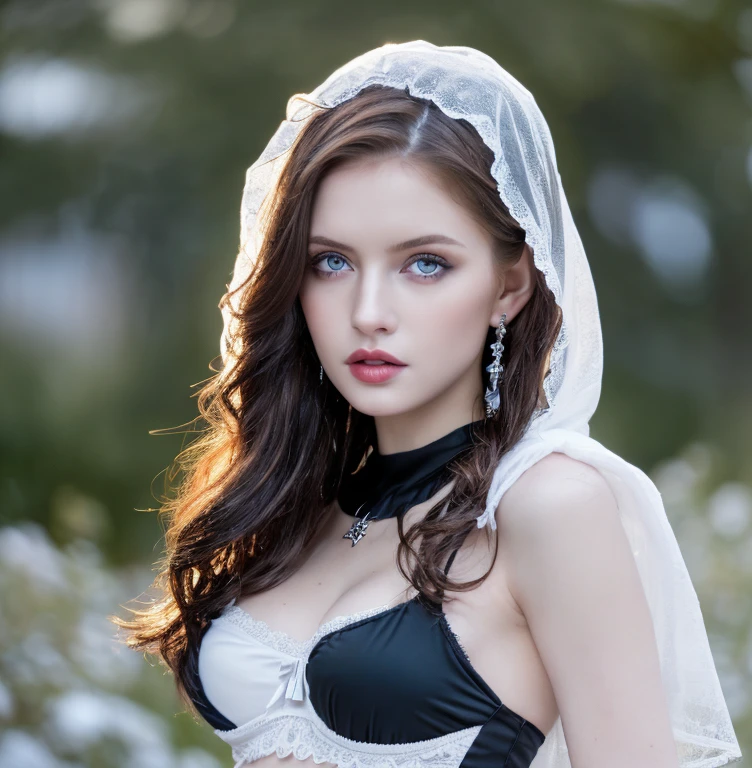 1 miniature Beautiful beautiful woman - Yuan Sayuki, ((top quality, 8K, Masterpiece:1.retty woman, 1 woman, huge breasts:1.3, a slim body:1.1, lush white short hair, (shower, wet body, wet clothes:1.1), very detailed face, detailed lips, detailed eyes, double eyelids, Detailed blue eyes, чрезвычайно Detailed Outstanding Blue Eyes, short white wet hair, white wet hair, Detailed Outstanding Blue Eyes, innocent look at the viewer, very wet wavy white hair, Detailed Outstanding Blue Eyes, huge cross earrings, Outdoors, badges behind, gothic maid uniform, sexy maid dress, bare chest, huge chest tattoo, detailed huge catholic cross earrings, chest tattoo, Outside, wear a silver cross (Detailed cross shape), reality mode, wet breasts, black necklace, human crowd behind, head/forehead chain veil, black latex gloves, hair of white snowy colour, night time, red neon lights, demonic nun, nimbus (golden lighting ring above her head), angel, snowy weather, sexy pose, white lingerie, black maid dress, flower wreath