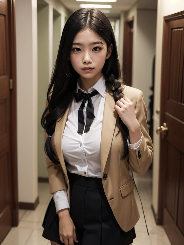 Master quality, highest quality, Best image quality, Exaggerated details, Cute 8 Asian boy with embarrassed expression, I narrowed my eyes a little., Style your hair, Long eyelashes (Long Hair / very, very exaggerated big breasts ), In the hallway, Strike a photo pose for the camera,Blazer uniform,Young face,Braid,Tight Skirt,Beautiful legs,whole body,Two women
