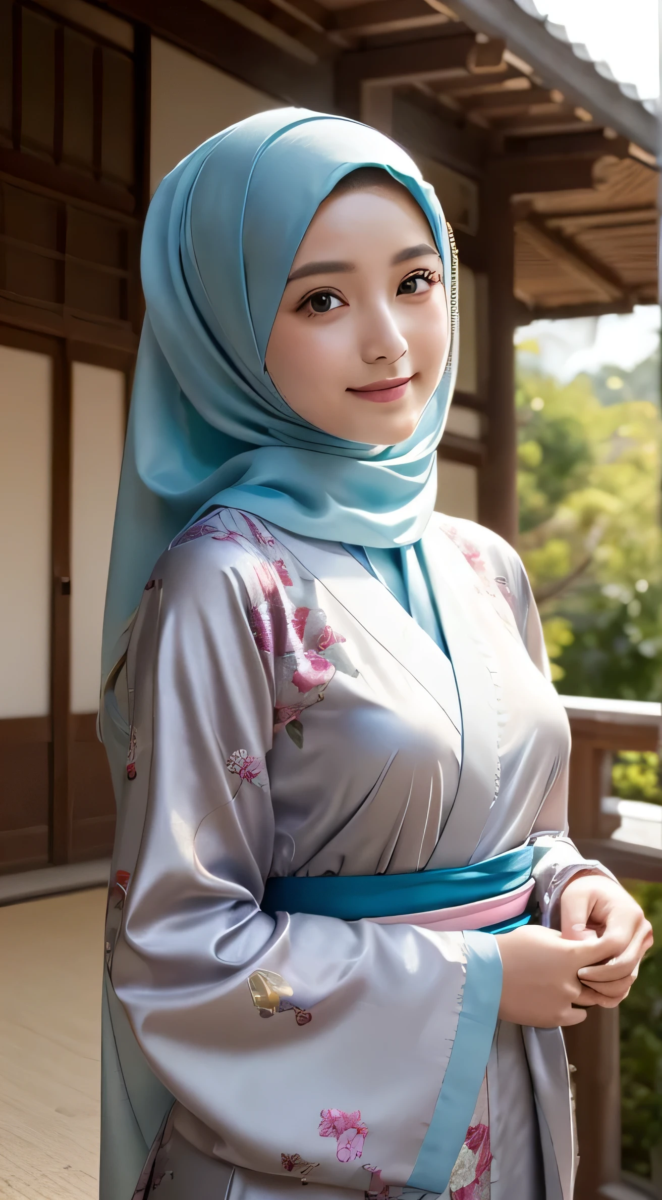 (Photorealsitic:1.4), (Top image quality:1.0), (超A high resolution:1.0), 8K, Raw photography, (masterpiece:0.2), (pureerosface_v1:0.5)、(Best Quality Detail:1.2)、realisitic、8K UHD、hight resolution、(1girl in:1.2)、The ultra-detailliert、High quality textures、intricate detailes、detaileds、Very detailed CG、High quality shadows、Detail Beautiful delicate face、Detail Beautiful delicate eyes、depth of fields、Ray traching,1girl in, japanaese girl muslim hijabbers wearing a satin hijab,, Cute, slender, Floral kimono,Floral scrunchie, Beautiful skin, Facing the front,, Stand upright and say thank you,Align your hands elegantly,Smile faintly The Land of Japan,Japanese garden,Luxury Japanese-style room, skyporn, Magic Hour, (Realistic:1.3), Finely detailed, quality, (masutepiece:1.2), (Photorealistic:1.2), (Best Quality), (Intricate details), Dramatic, Ray tracing, photograph, +Lola