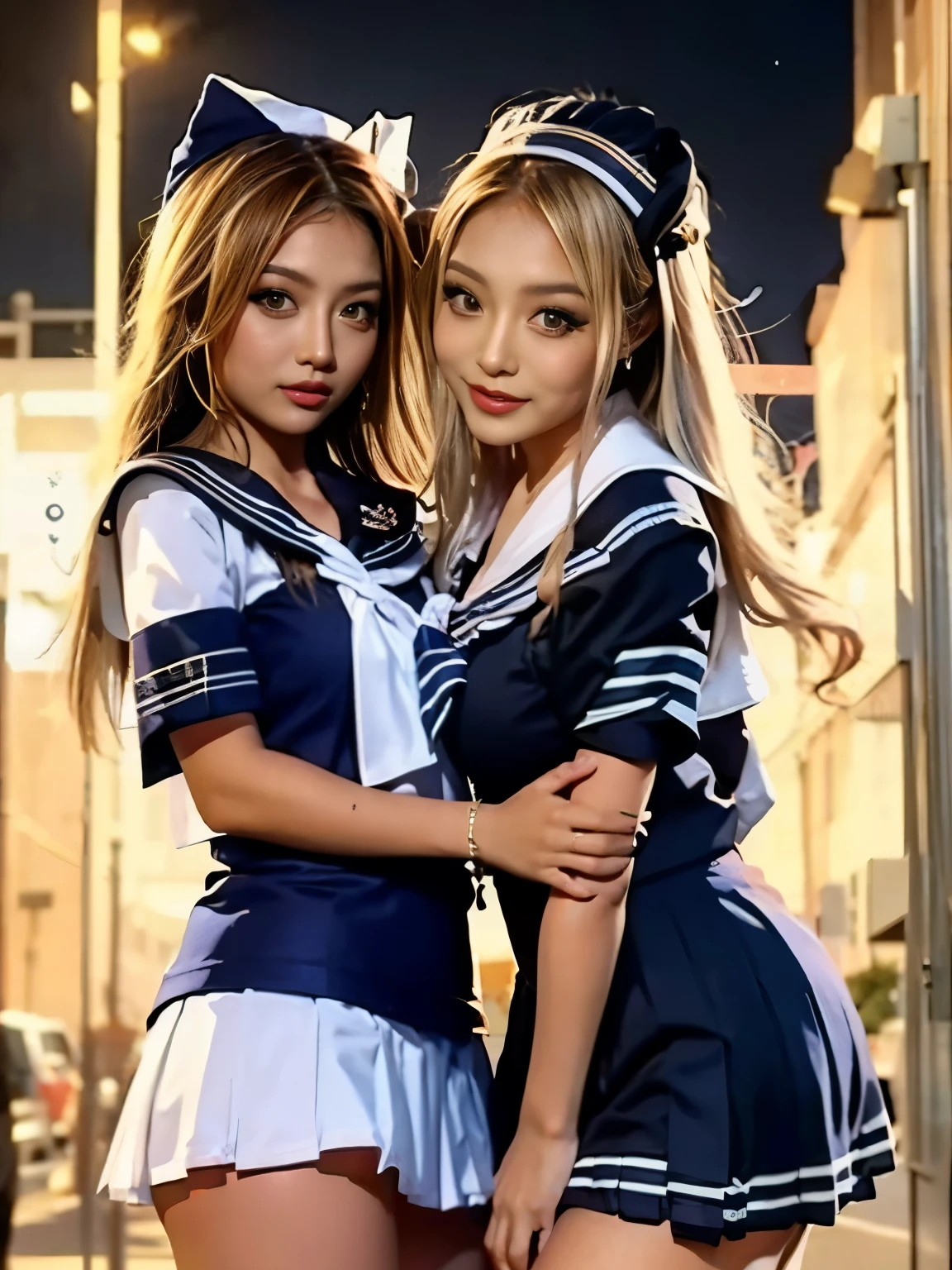ミニスカートを履いたTwo peopleの女子高生:1.7,((Two people high school girl:2)),((Two people)),Dynamic Angle, Perfect body,Gal, (Anatomically correct),masterpiece, highest quality, RAW Photos, Realistic, face,, Beautiful girls, cute, Written boundary depth, High resolution, super detailed, Extremely detailed and realistic student, Pale, tanned skin,Two peopleで,woman,(Not wearing panties:1.3), (Sleeveless sailor suit:1.4),Spread your legs,Wide Hips, ((Sensual;1.5)), Glamour, (Big Breasts:1.6),Sunburn marks on tanned skin,Brown Hair,Wavy Hair,Shortcuts,Pixie Cut,Cosplay,On the bed,GirlTwo people,Two people high school girl,(笑face:1.3)
