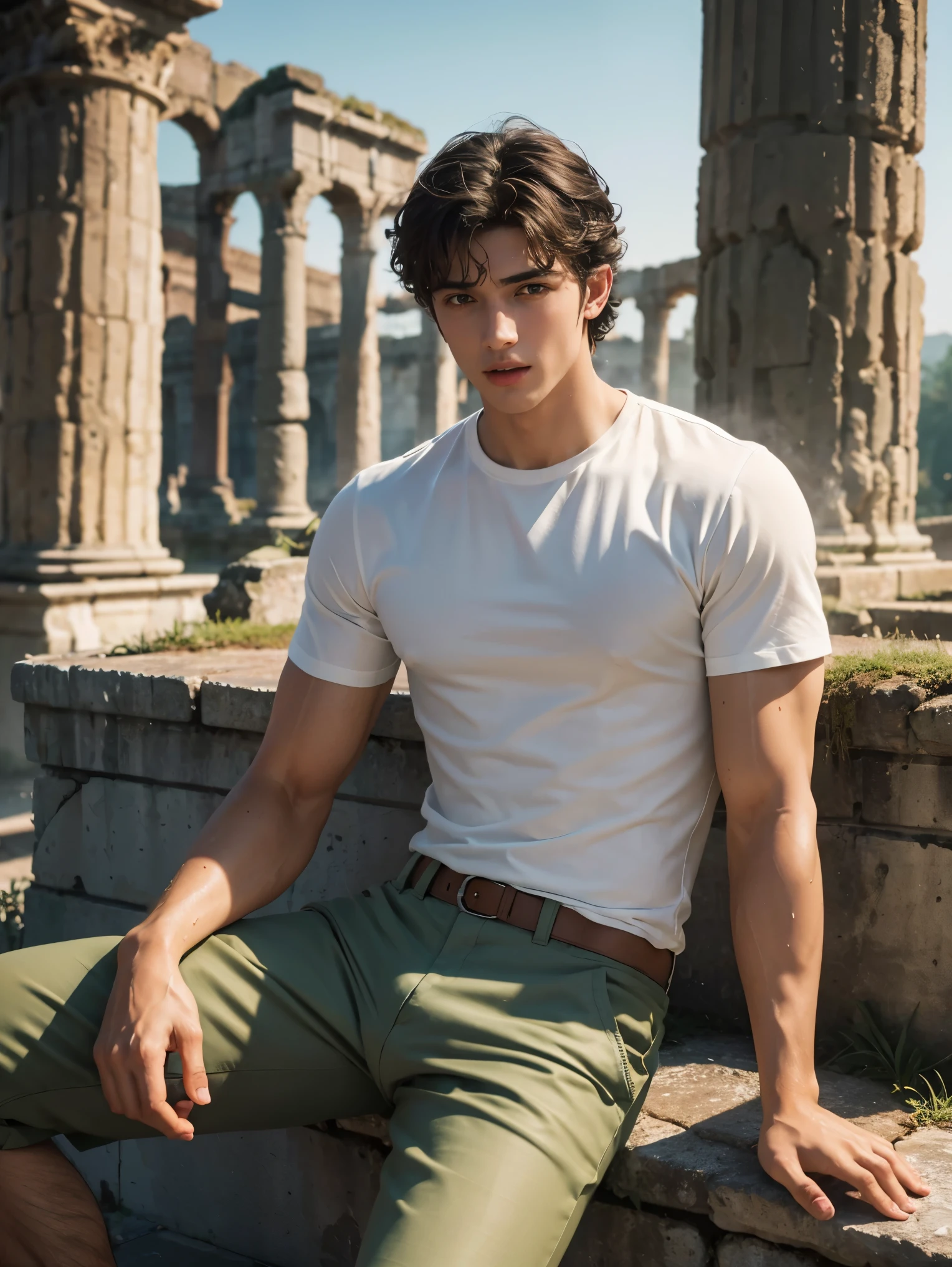 (Masterpiece, Hyperrealistic, 8k, HDR, RAW), ((Natural illumination)), sunlight illumination, warm illumination, (((On ancient roman ruins))), ((handsome boy)), ((Italian boy)), 18 years old, ((White shirt)), ((Tight wet shirt)), ((Khaki shorts)), ((Black trousers)), ((Brown curly hair)), ((green eyes)), ((Toned muscular slender body)), ((handsome face)), youthful, big eyes, grin, sitting, perfect anatomy