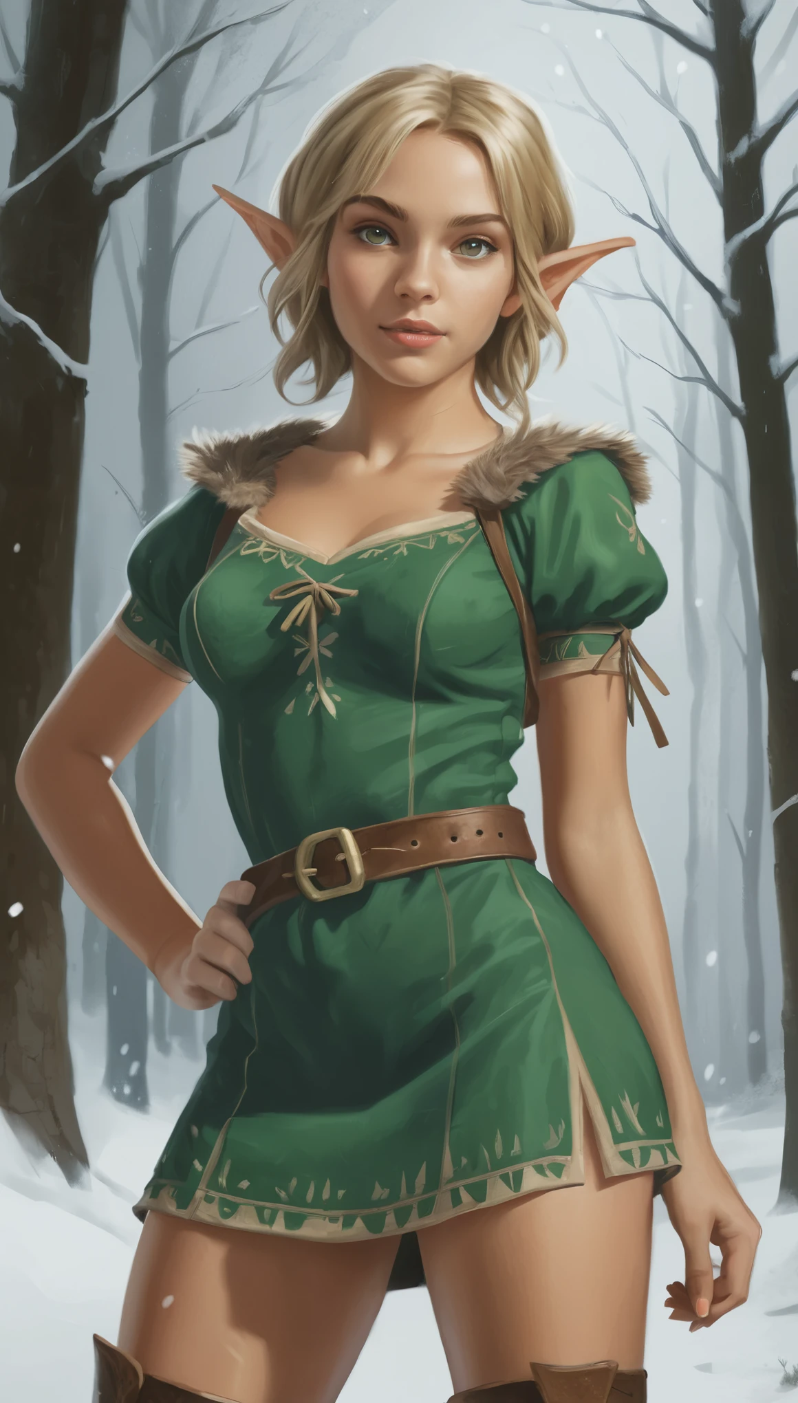 An illustrated movie poster, hand-drawn, full color, a teenage elven girl, wearing a corduroy mini-dress, sun-tanned complexion, very tall, athletic body, hourglass figure, curvy, slightly chubby, bottom-heavy, generous hips, massive bubble-butt, long legs, ridiculously thick powerful thighs, hazel green eyes, long pointy elf ears, ash blonde hair, shaggy bob, posing in a snowy forest, hard shadows, graphite shading, stencil marks, airbrushed acrylic paint, masterpiece, in the style of Breath of the Wild