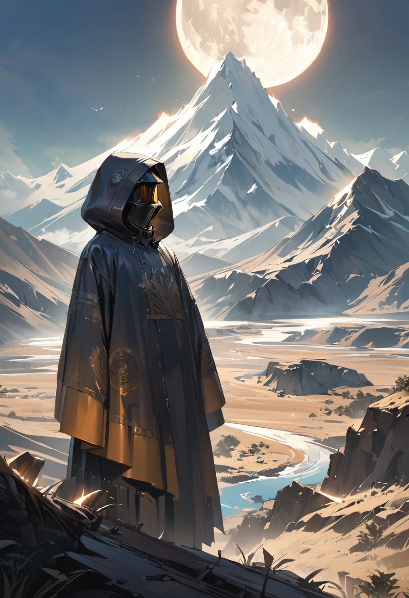 A mysterious figure stands in the shadow of a hood, silhouetted against the majestic backdrop of a mountain. The moon casts a soft glow on the landscape, illuminating the scene with an ethereal light. The details of the background are highly emphasized, offering a glimpse into the intricate beauty of the surroundings. The artwork is of the best quality, with a resolution of 4k or even 8k, ensuring every minute detail is captured. The level of detail is exceptional, resulting in an ultra-detailed and realistic depiction. The medium used to create this artwork could be a digital illustration, oil painting, or even a 3D rendering. The color palette is carefully chosen to enhance the overall atmosphere, with a focus on deep shadows and muted tones. The lighting is expertly crafted, with studio lighting techniques used to create a sense of depth and dimension. The combination of these elements creates a captivating and visually stunning piece of art.