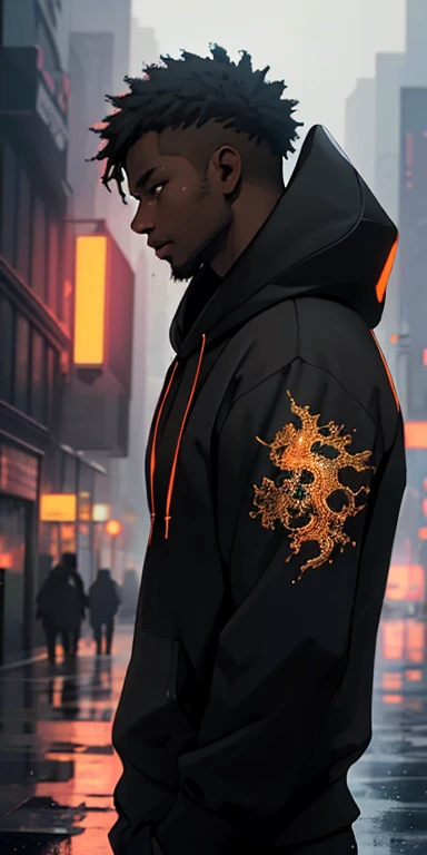 (best quality, masterpiece), black man, dark street, rain, orange light, Apocalypse Themed background, New York, hoodie, muscular, upper body, blurry background, around 20 years old, black teenage male, profile photo,realistic shaded perfect body, highres,incredibly absurdres,absurdres,very_high resolution,original,intricate details,hyper detail,ultra-detailed,exquisite detailed, extremely delicate,intricate delicate,hyper delicate,beautiful,UHD wallpaper,colorful
