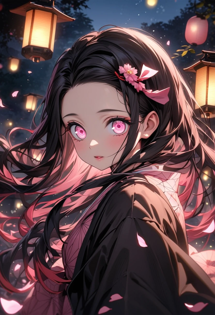 Ultra detailed, highres, absurdres, HDR, Kamado Nezuko, black long hair, pink expressive eyes, Kimetsu No Yaiba, pink flowers, petals, fireflies, lanterns, pink moon, woman, extremely beautiful, very detailed face and eyes, pink kimono, black haori, solo